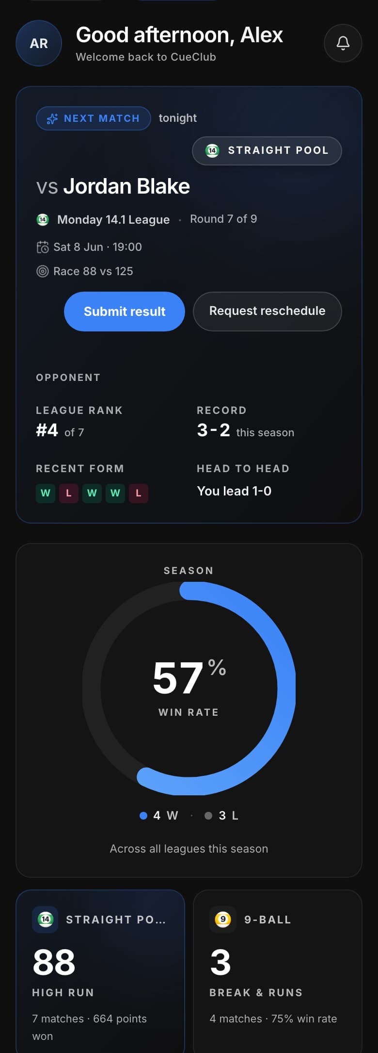 Player dashboard with next opponent, season win rate and personal stats